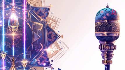 Stylized vintage microphone wrapped in decorative fabric with string instruments, great for live music posters, cultural festival banners, and music studio branding