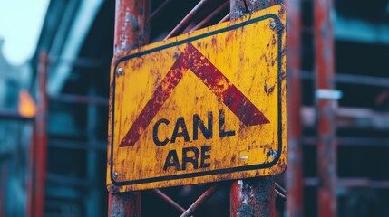 Worn construction sign indicating caution in a gritty urban landscape