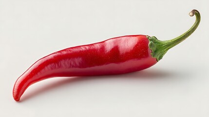 Single fresh red chili pepper with natural curved form and glossy skin, stem intact, isolated on pure white background