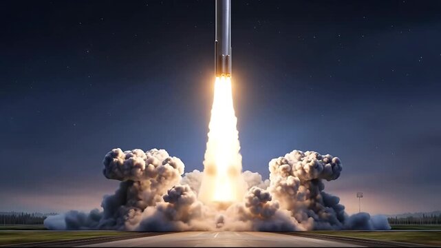 Rocket launch at dusk on a launchpad surrounded by smoke and clouds from the ground viewpoint