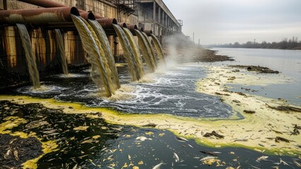 Industrial discharge pollutes a river causing environmental damage and ecological imbalance