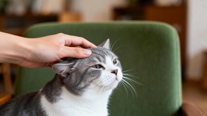 Hand petting a gray and white cat