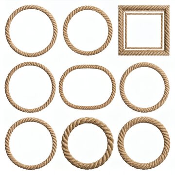 Set of various rope frames and borders, isolated on a white background, perfect for nautical or rustic designs.