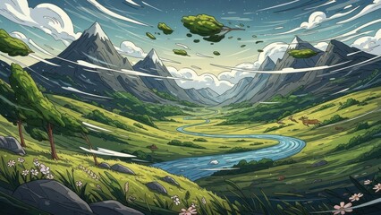 Vibrant cartoon landscape featuring majestic mountains, a winding river, and floating islands
