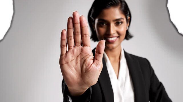 Professional woman signaling stop, concept for prevention and warning message
