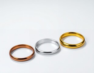 Three simple metal rings in gold, silver, and copper, arranged on a clean white background, showcasing their distinct metallic finishes and minimalist design.