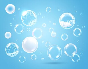 Transparent soap bubbles floating in the air on a light blue background, creating a whimsical and clean atmosphere.