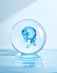 Transparent sphere with blue bubbles on a water surface, representing science and purity.