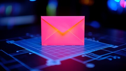 Glowing email icon on futuristic circuit board represents digital communication, data transfer, online marketing, cybersecurity, information technology, and modern electronic messaging systems.