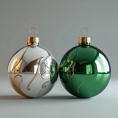 Two festive Christmas ornaments, one silver with gold accents and one solid green, resting on a neutral background, ready for holiday decoration.
