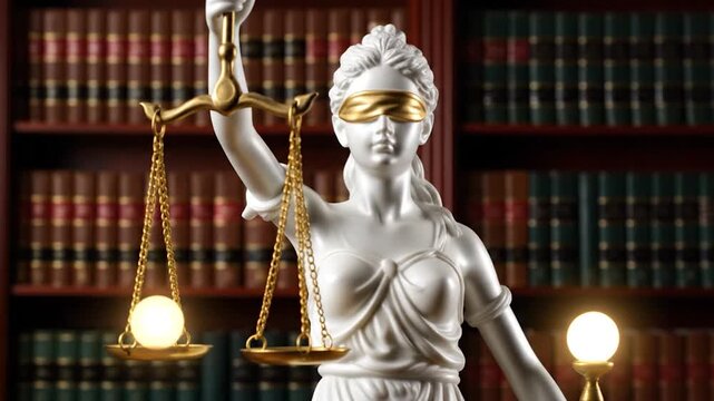 A white marble statue of blindfolded justice holding scales stands before bookshelves
