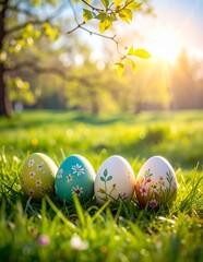 Vibrant Easter Eggs Nestled in Lush Green Grass Under Golden Sunlight.