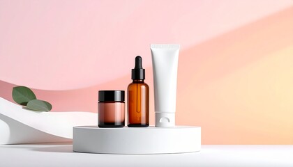 Cosmetic products on a white podium with a minimalist background, studio shot, modern packaging, skincare routine, elegant display.