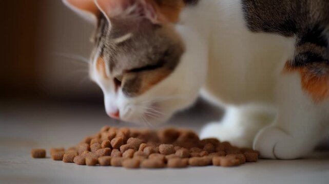 Two cats eating dry cat food from a pile on the floor.