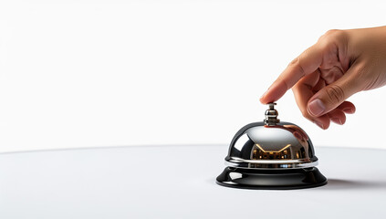 Hand pressing service bell on clean white table  
