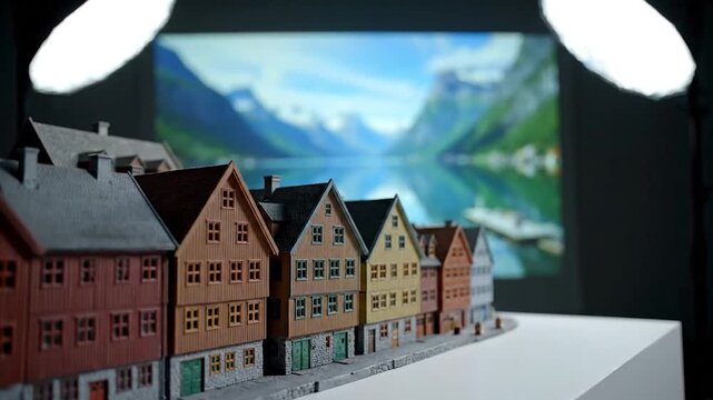 Miniature colorful row houses, lit by studio lights, set against projected scenic landscape
