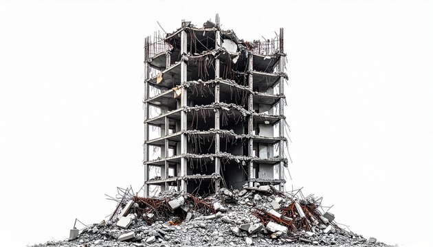 Ruined building remains standing amidst rubble and debris, destroyed structure, dramatic scene, catastrophe aftermath, isolated on white background, desolate landscape, apocalyptic atmospher
