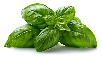 Stack of fresh basil leaves with visible veins and natural curl, rich green color, isolated on white background