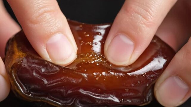 Fingers holding a ripe date fruit close-up view
