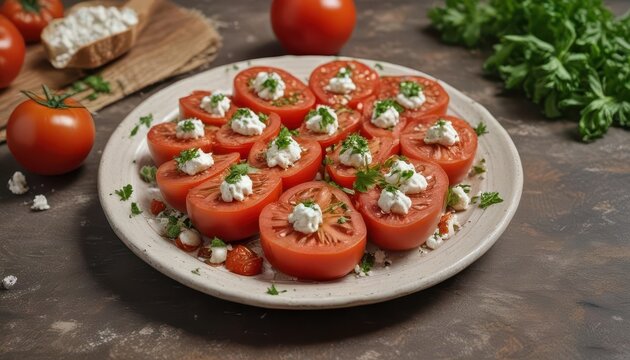 A simple yet elegant arrangement of sliced tomatoes, crumbled ricotta salata cheese, and chopped parsley on a rustic ceramic plate,  fresh,  food ,  cheese