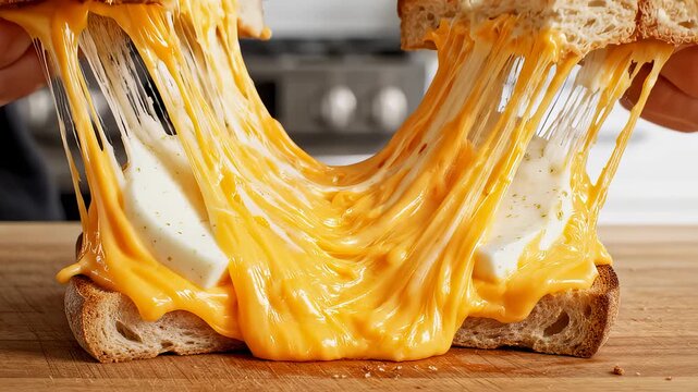 Hands Stretch Toasted Sandwich With Melted Cheese and Fresh Mozzarella