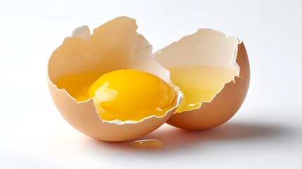 Single raw egg cracked open with shell halves and intact yolk resting naturally, isolated on white background