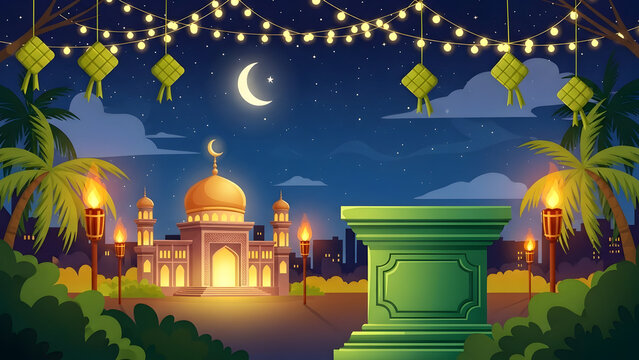 A glowing mosque under a starry night sky with crescent moon decorated with ketupat and string lights amidst palm trees and torches