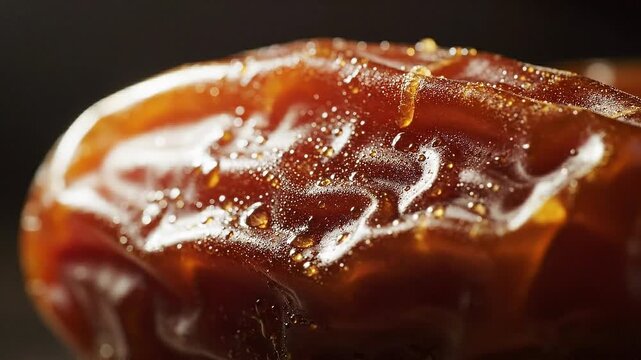 Extreme close-up of a succulent date fruit with visible texture and honey droplets on its wrinkled surface