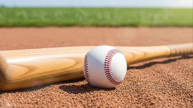 Baseball and Wooden Bat on the Diamond Ready for Play
