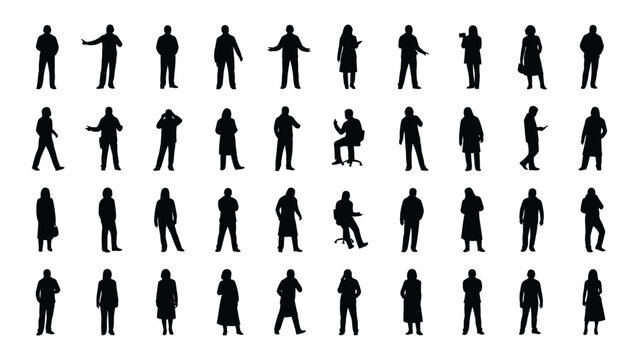 Collection of silhouetted human figures in various poses isolated on white background, Vector