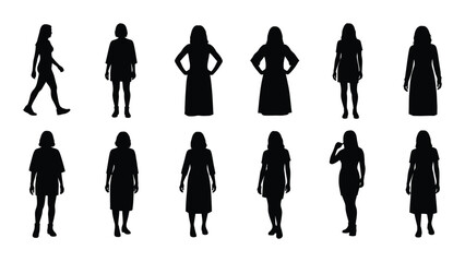 Silhouettes of women in various poses isolated on white background, Vector