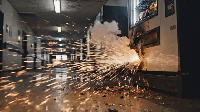 Vandalized Vending Machine Explodes with Sparks and Smoke in Dark Hallway