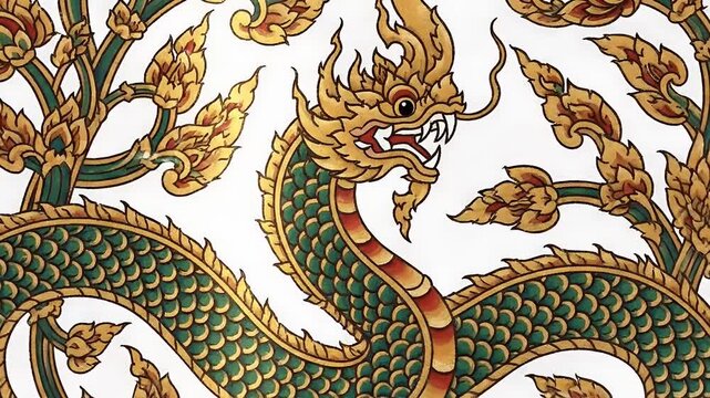 Traditional Thai Naga Serpent Art Ornate Gold Green Detailed Pattern