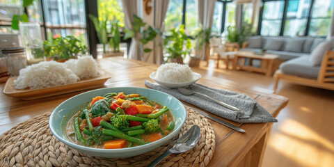 Vegetable curry with rice served on wooden table in bright cozy home setting