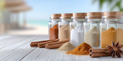 Spice jars with cinnamon sticks and star anise on wooden table glowing under natural light