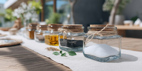 Glass spice jars with cork lids and twine table with natural light creating warm and cozy