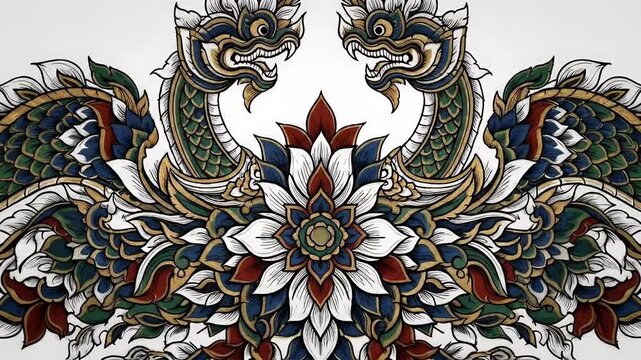 Traditional Thai Naga Dragons Mandala Floral Pattern Animation