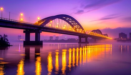 Fototapeta premium Majestic steel arch bridge illuminated at dusk, reflected on calm river waters, surrounded by fading cityscape, misty atmosphere, vibrant purple and orange hues, serene landscape, majestic a