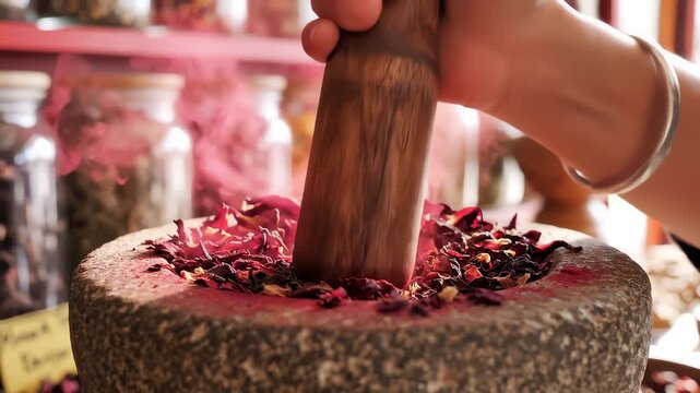 Person Grinding Hibiscus Flowers in Mortar With Pestle at Market