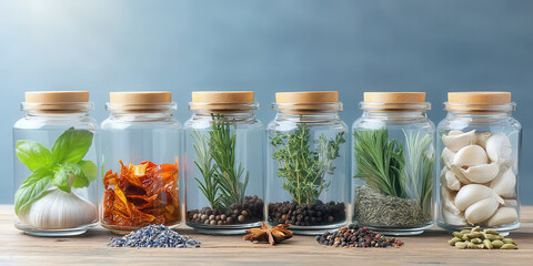 Herbs and spices in glass jars with wooden lids on wooden table with colorful spices