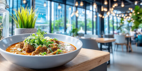 Spicy curry bowl with fresh herbs served on wooden table in modern restaurant