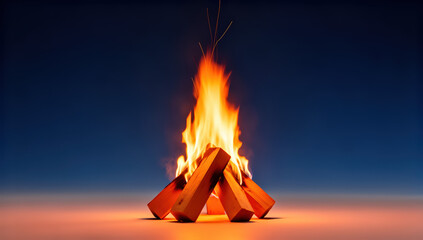 Campfire flames dancing against a dark blue background  