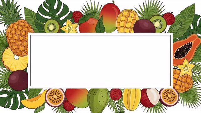 Tropical Fruit Border With Green Leaves And White Rectangle For Text