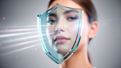 Young woman expressing confidence with a shield overlay  