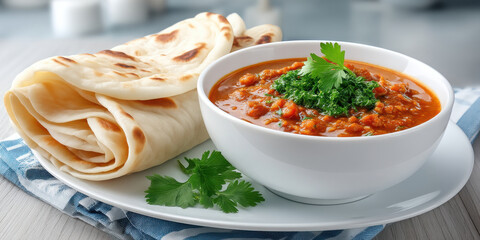 Spicy lentil curry garnished with fresh parsley served with folded flatbread on white plate