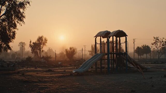 Empty Playground At Sunrise With Soft Hazy Light And Warm Orange Sky
