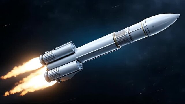 A silver rocket launches into the dark space with fiery engines blazing from its core, captured from a dynamic angle in a video 16 1 26 (147).mp4