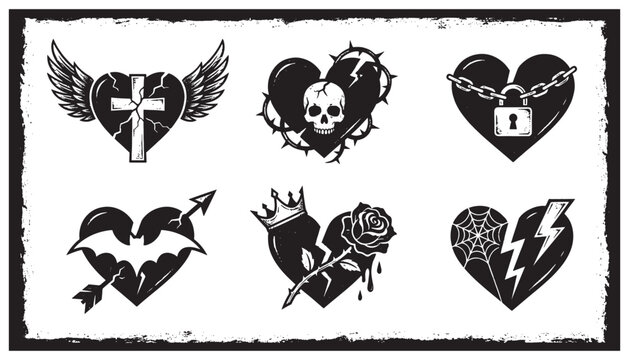 edgy black heart tattoo illustrations featuring designs like a winged cross, skull with thorns, locked heart with chains, bat wings, crowned heart with a rose, and a broken lightning heart