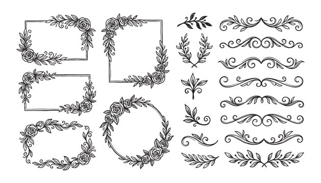 rustic hand-drawn floral illustration set featuring rectangular and circular frames adorned with roses and leaves, alongside various ornamental dividers and flourishes in a black ink sketch style.