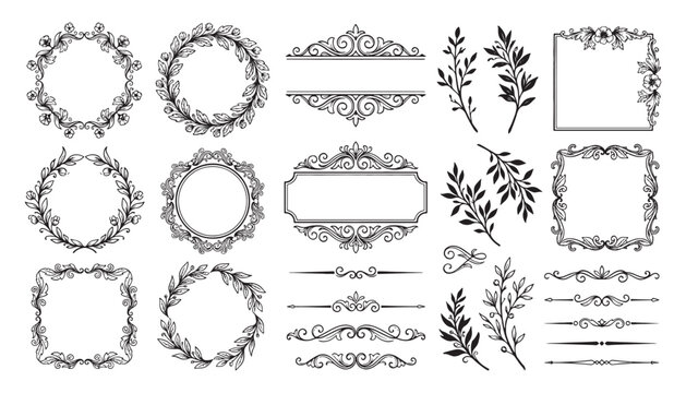 A set of elegant hand-drawn floral frames and dividers including circular wreaths, square borders, and ornamental text separators featuring leaves and flowers in a vintage sketch style.